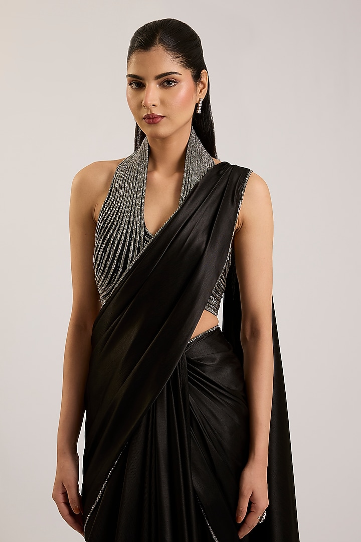 Onyx Black Chiffon Draped Reception Saree Set by Amit Aggarwal at Pernia's Pop Up Shop