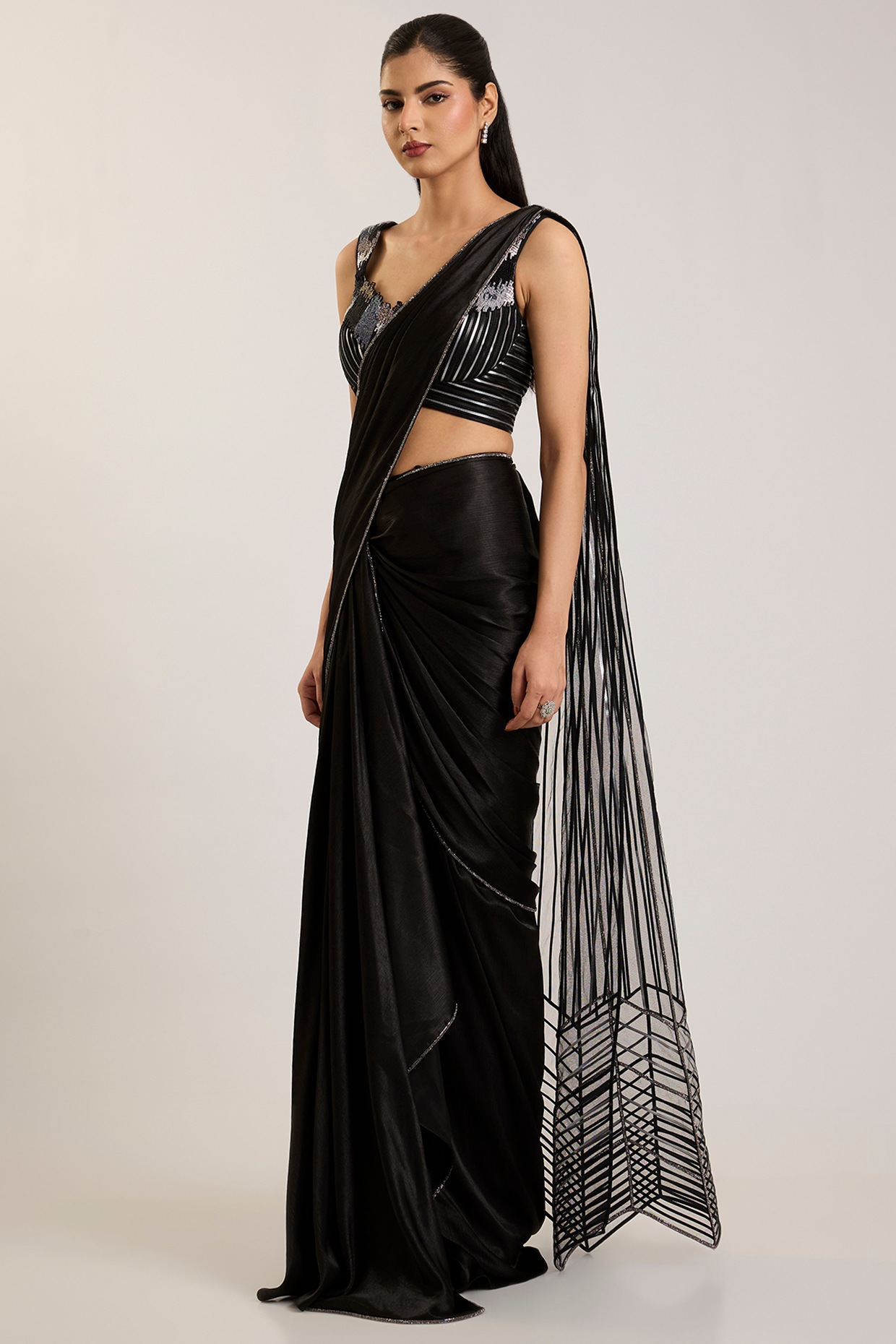 Amit Aggarwal Onyx Black Chiffon Draped Saree Set