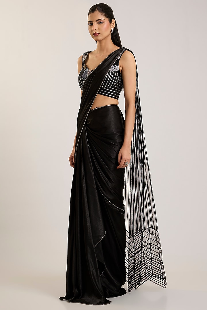 Onyx Black Chiffon Draped Reception Saree Set by Amit Aggarwal at Pernia's Pop Up Shop