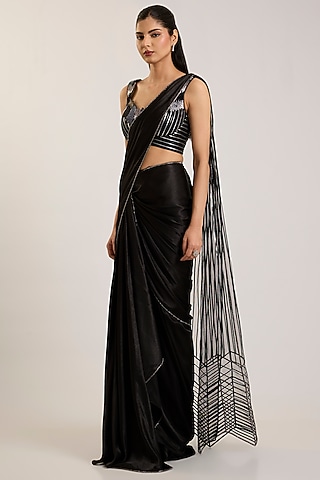 Onyx Black Chiffon Draped Saree Set by Amit Aggarwal