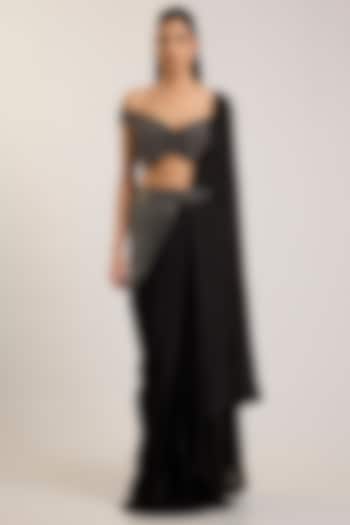Onyx Black Satin Chiffon Embroidered Draped Bridal Saree Set by Amit Aggarwal at Pernia's Pop Up Shop