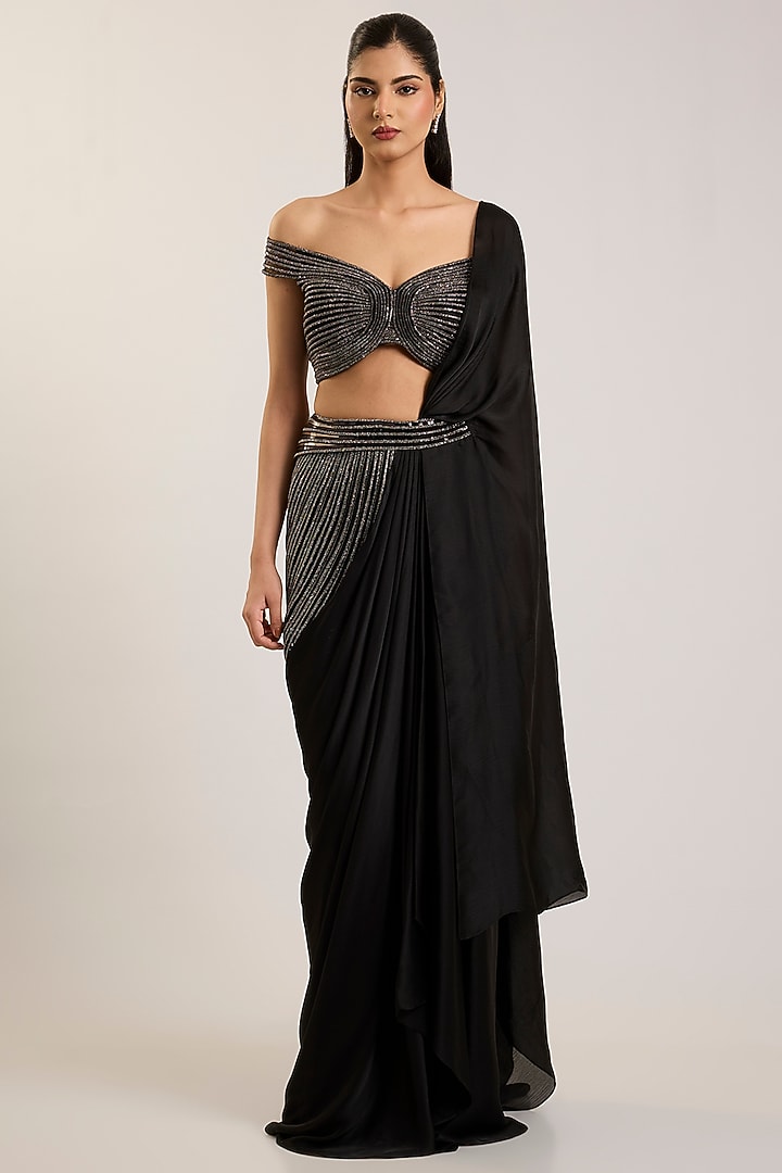 Onyx Black Satin Chiffon Embroidered Draped Bridal Saree Set by Amit Aggarwal at Pernia's Pop Up Shop
