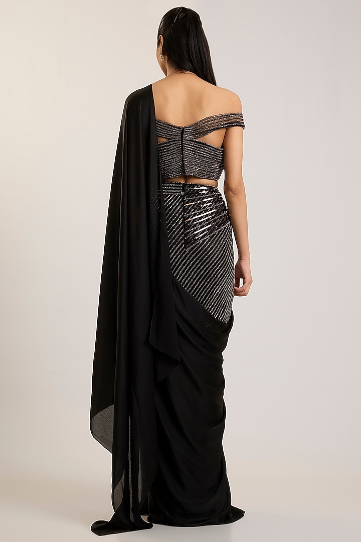 Onyx Black Satin Chiffon Embroidered Draped Bridal Saree Set by Amit Aggarwal at Pernia's Pop Up Shop