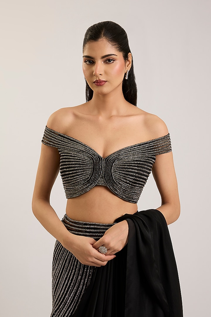 Onyx Black Satin Chiffon Embroidered Draped Bridal Saree Set by Amit Aggarwal at Pernia's Pop Up Shop
