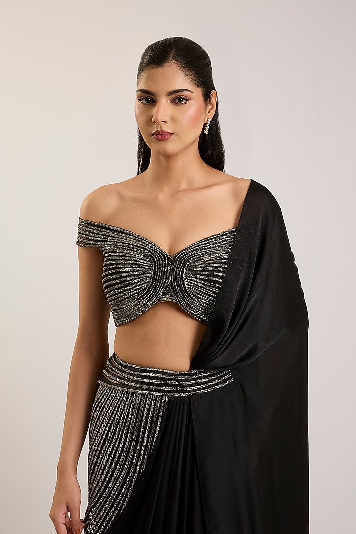 Onyx Black Satin Chiffon Embroidered Draped Bridal Saree Set by Amit Aggarwal at Pernia's Pop Up Shop
