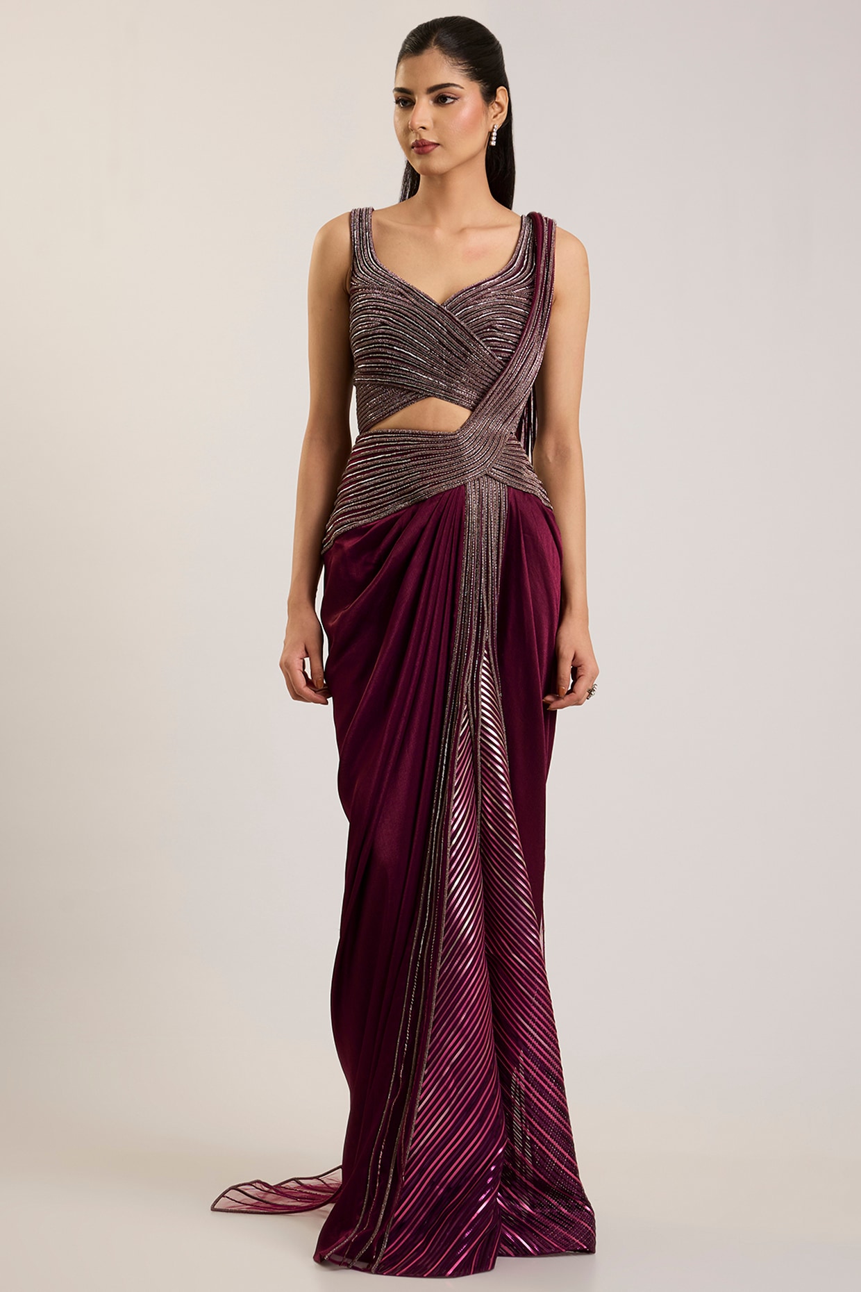 Amit Aggarwal Oxblood Red Satin Chiffon Embroidered Draped Saree Set