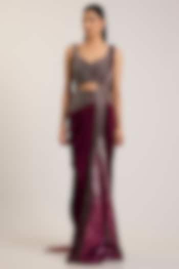 Oxblood Red Satin Chiffon Embroidered Draped Bridal Saree Set by Amit Aggarwal at Pernia's Pop Up Shop