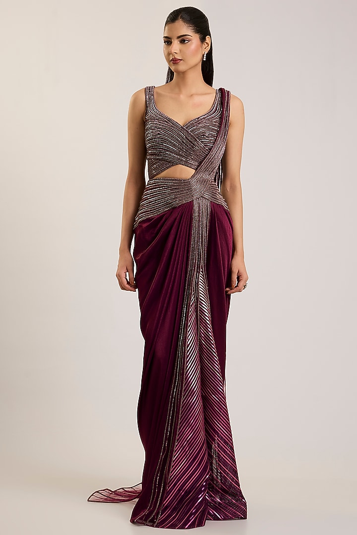 Oxblood Red Satin Chiffon Embroidered Draped Bridal Saree Set by Amit Aggarwal at Pernia's Pop Up Shop