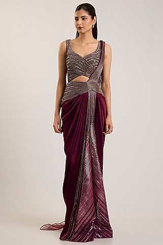 Oxblood Red Satin Chiffon Embroidered Draped Saree Set by Amit Aggarwal