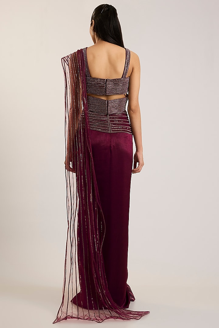 Oxblood Red Satin Chiffon Embroidered Draped Bridal Saree Set by Amit Aggarwal at Pernia's Pop Up Shop