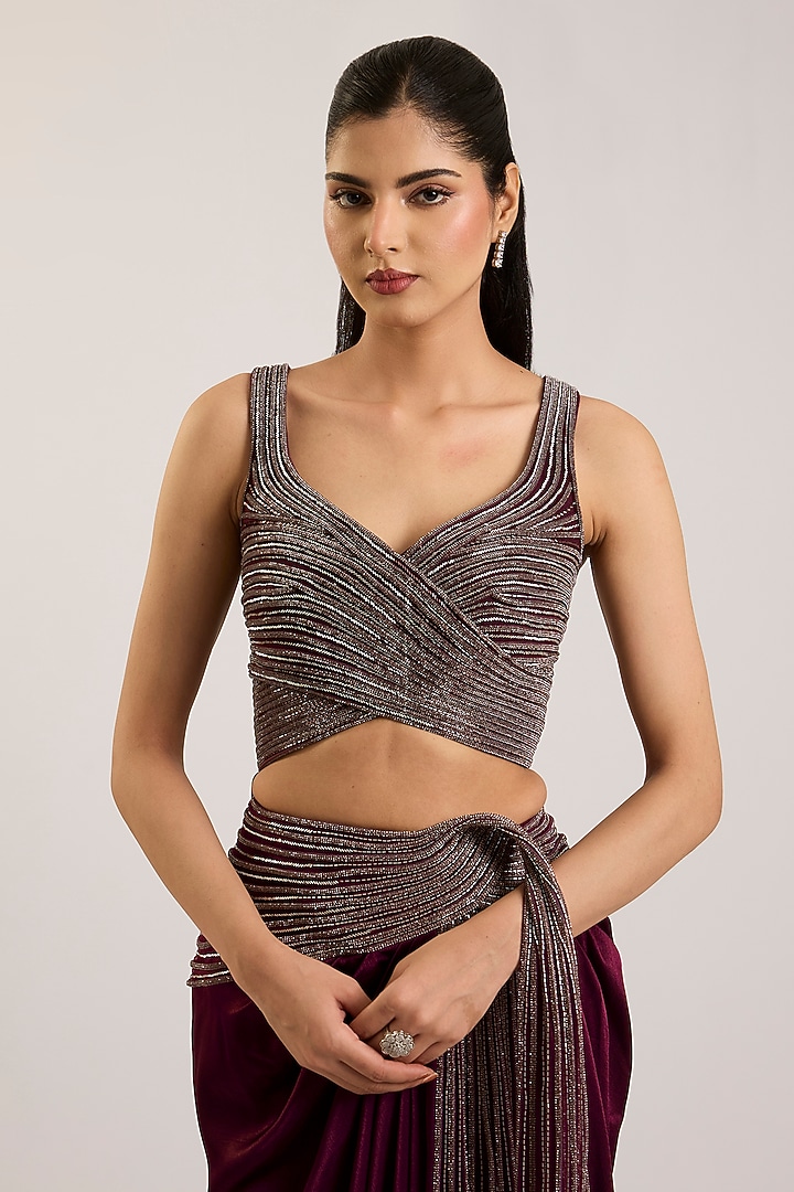 Oxblood Red Satin Chiffon Embroidered Draped Bridal Saree Set by Amit Aggarwal at Pernia's Pop Up Shop