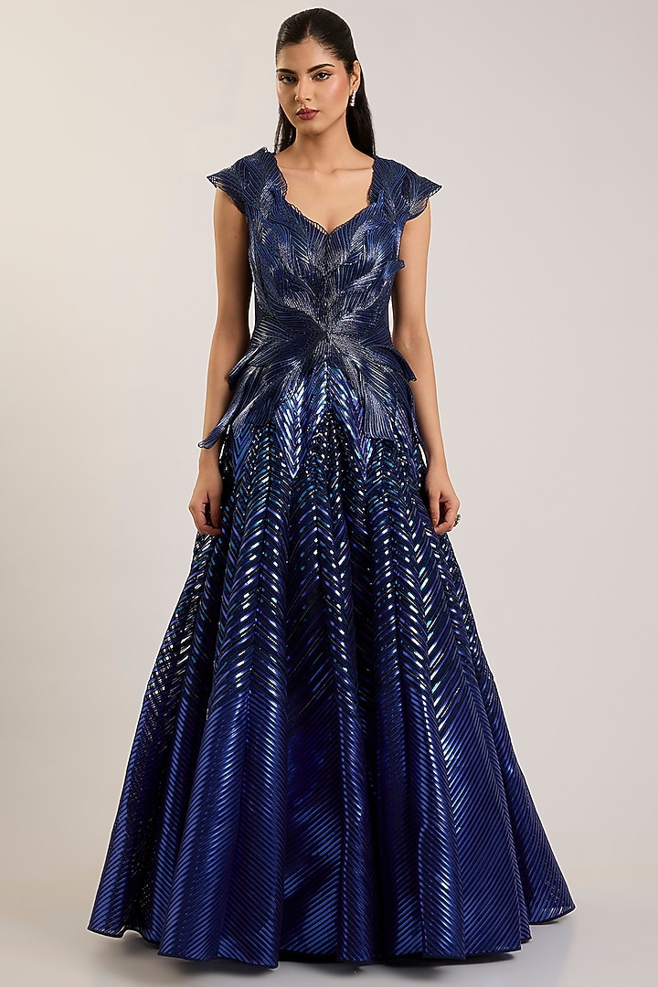 Cosmos Blue Tulle Embroidered Bridal Gown by Amit Aggarwal at Pernia's Pop Up Shop