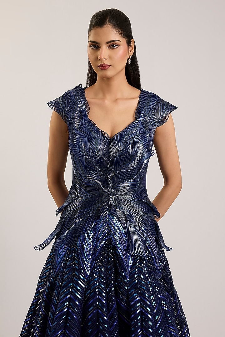 Cosmos Blue Tulle Embroidered Bridal Gown by Amit Aggarwal at Pernia's Pop Up Shop