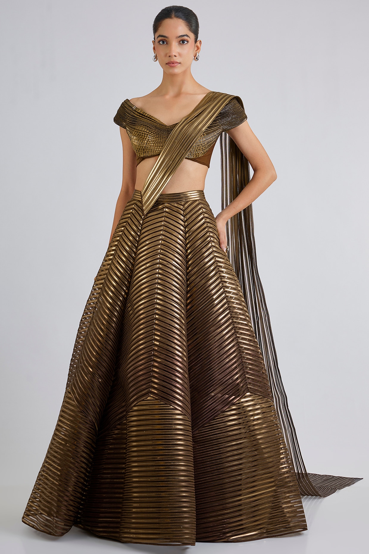 Amit Aggarwal Chocolate Brown Tulle & Poly Crepe Lehenga Set
