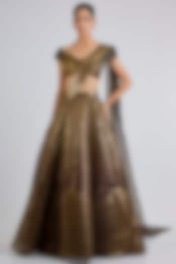 Chocolate Brown Tulle & Poly Crepe Bridal Lehenga Set by Amit Aggarwal at Pernia's Pop Up Shop