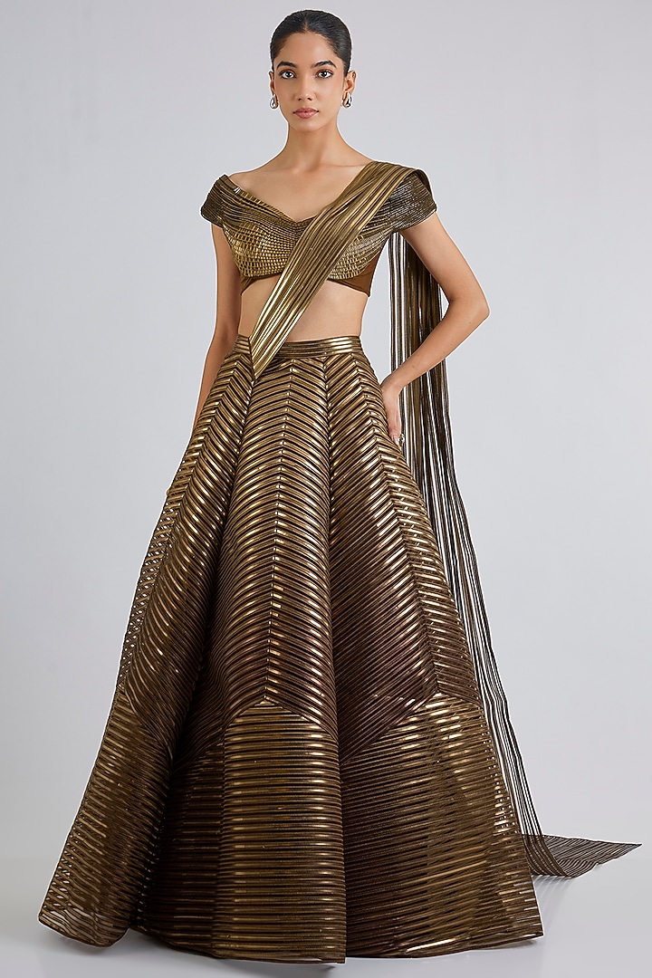 Chocolate Brown Tulle & Poly Crepe Bridal Lehenga Set by Amit Aggarwal at Pernia's Pop Up Shop