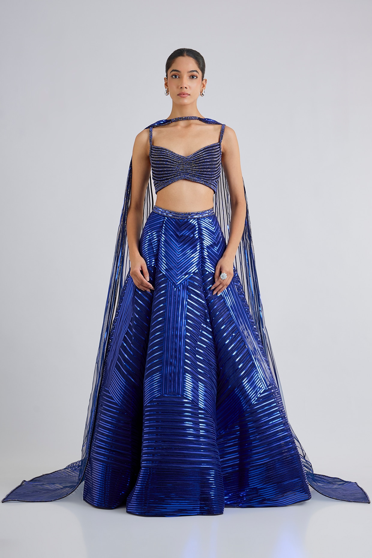 Amit Aggarwal Cosmos Blue Tulle & Poly Crepe Lehenga Set