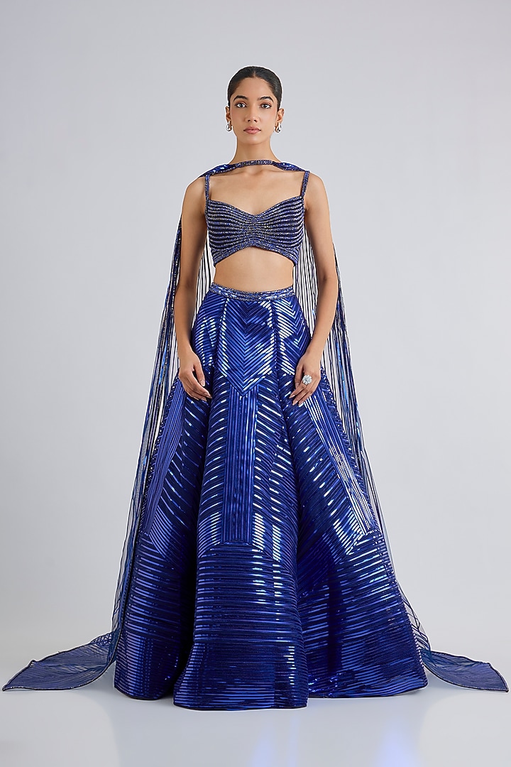 Cosmos Blue Tulle & Poly Crepe Bridal Lehenga Set by Amit Aggarwal at Pernia's Pop Up Shop