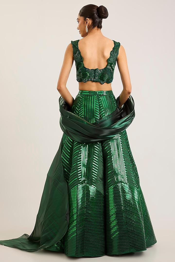 Emerald Green Tulle Striped Bridal Lehenga Set by Amit Aggarwal at Pernia's Pop Up Shop