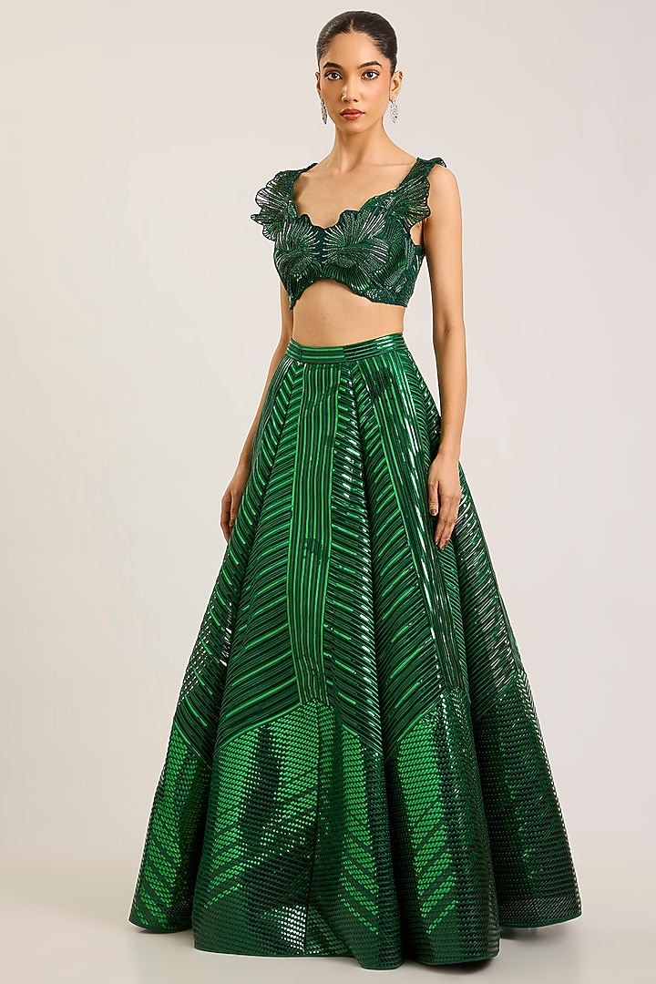 Emerald Green Tulle Striped Bridal Lehenga Set by Amit Aggarwal at Pernia's Pop Up Shop