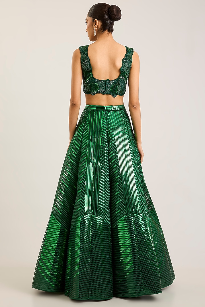 Emerald Green Tulle Striped Bridal Lehenga Set by Amit Aggarwal at Pernia's Pop Up Shop