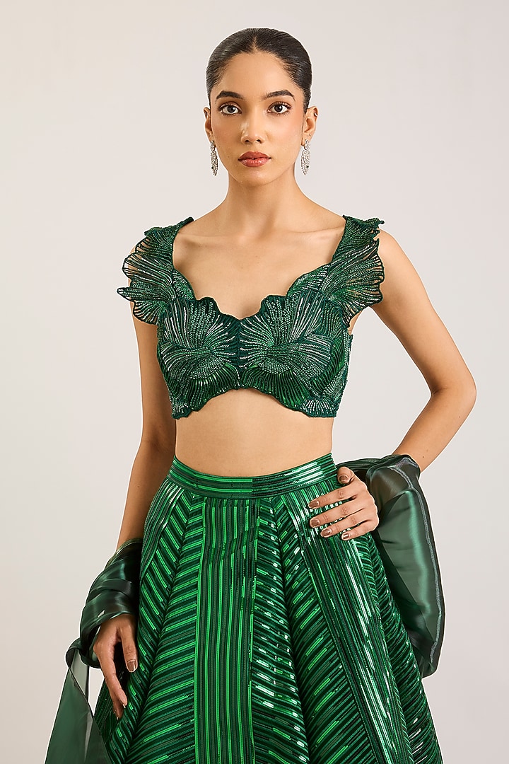 Emerald Green Tulle Striped Bridal Lehenga Set by Amit Aggarwal at Pernia's Pop Up Shop