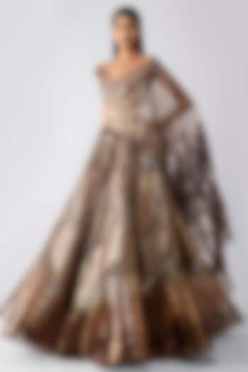 Chocolate Brown Tulle & Poly Crepe Metallic Ombre Skirt Set by Amit Aggarwal at Pernia's Pop Up Shop