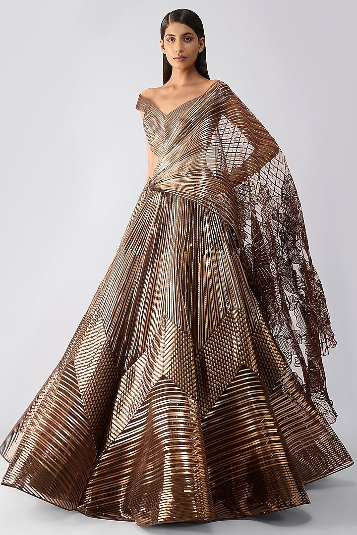 Chocolate Brown Tulle & Poly Crepe Metallic Ombre Skirt Set by Amit Aggarwal at Pernia's Pop Up Shop