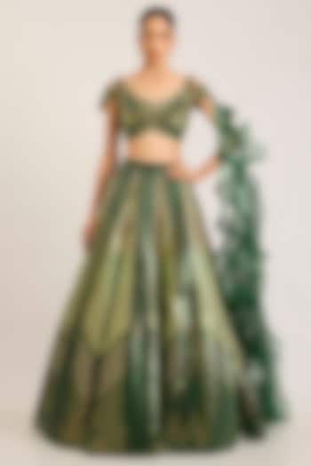 Emerald Tulle Striped Bridal Lehenga Set by Amit Aggarwal at Pernia's Pop Up Shop
