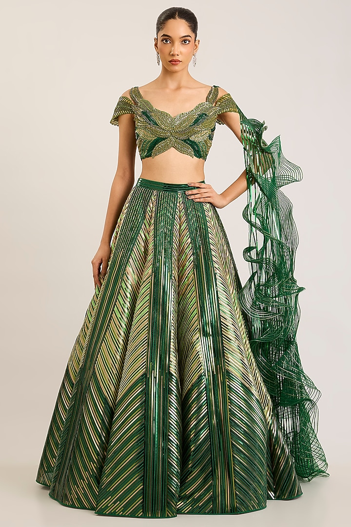 Emerald Tulle Striped Bridal Lehenga Set by Amit Aggarwal at Pernia's Pop Up Shop