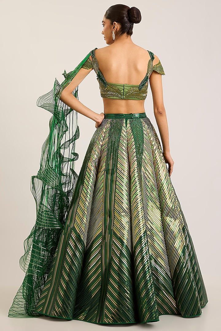 Emerald Tulle Striped Bridal Lehenga Set by Amit Aggarwal at Pernia's Pop Up Shop