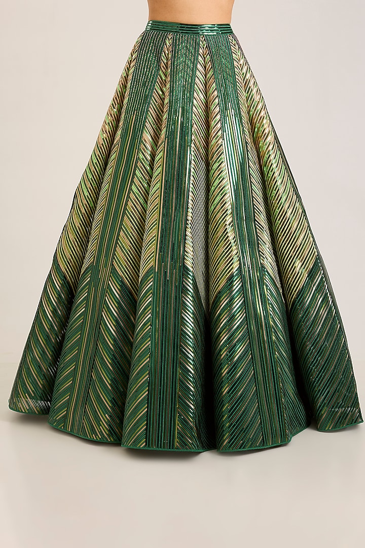 Emerald Tulle Striped Bridal Lehenga Set by Amit Aggarwal at Pernia's Pop Up Shop