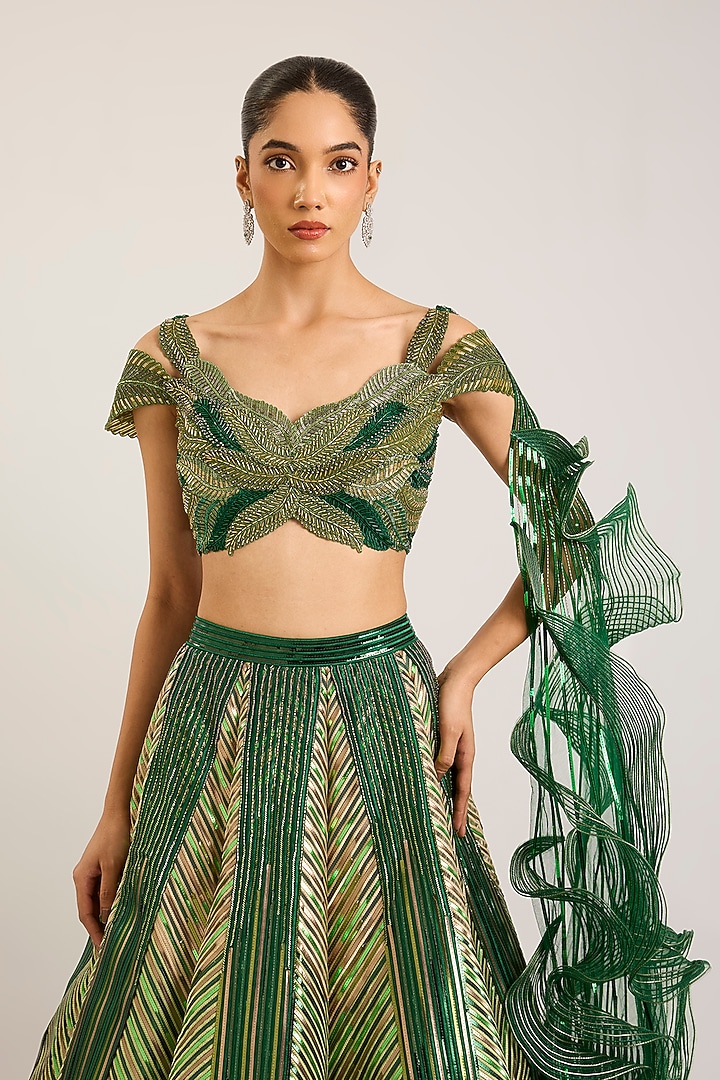 Emerald Tulle Striped Bridal Lehenga Set by Amit Aggarwal at Pernia's Pop Up Shop