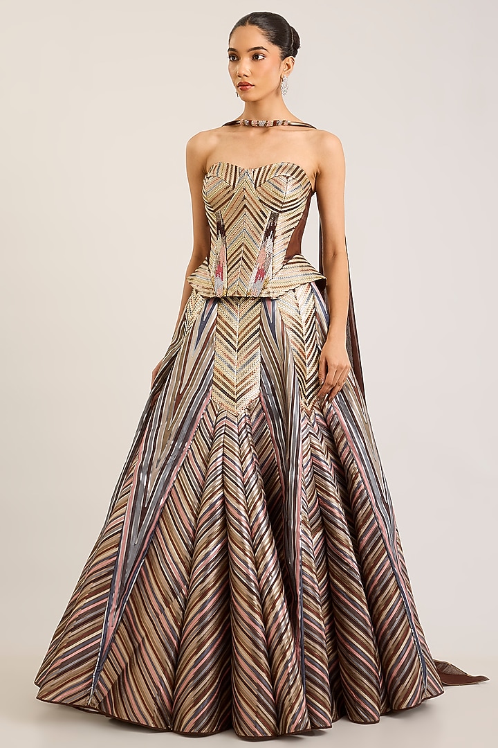 Chocolate Tulle Striped Bridal Lehenga Set by Amit Aggarwal at Pernia's Pop Up Shop