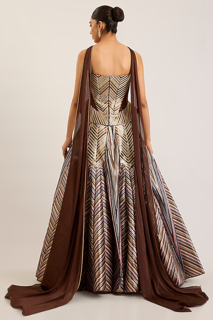 Chocolate Tulle Striped Bridal Lehenga Set by Amit Aggarwal at Pernia's Pop Up Shop