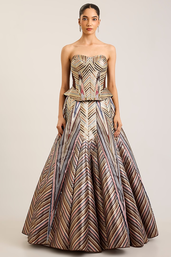 Chocolate Tulle Striped Bridal Lehenga Set by Amit Aggarwal at Pernia's Pop Up Shop