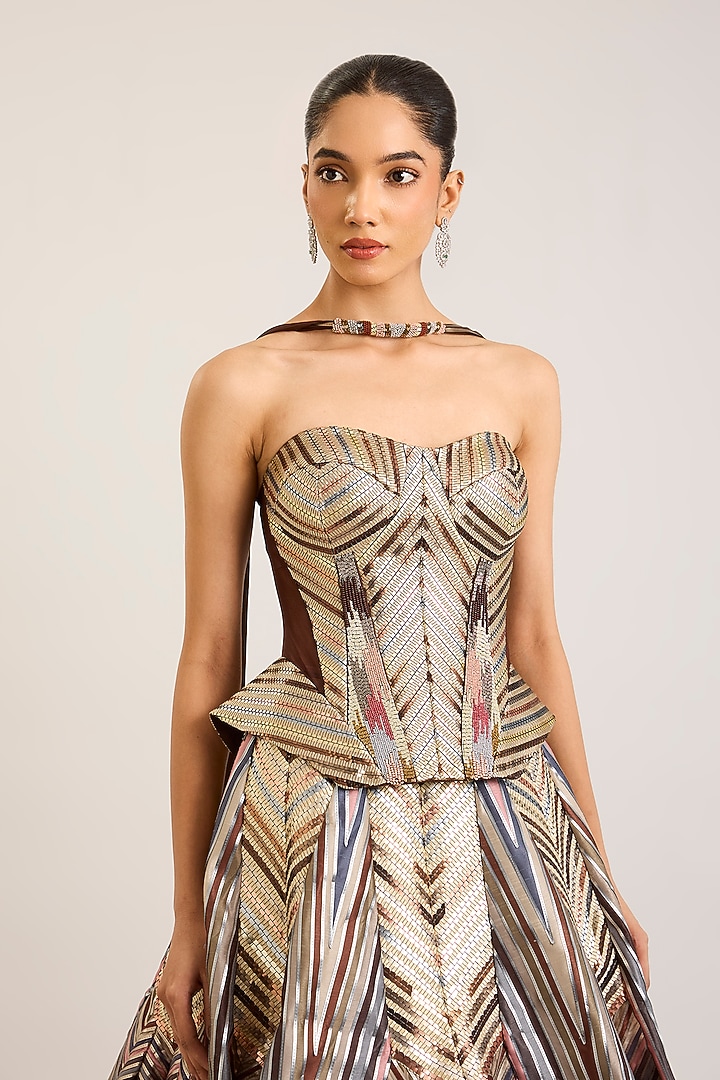 Chocolate Tulle Striped Bridal Lehenga Set by Amit Aggarwal at Pernia's Pop Up Shop