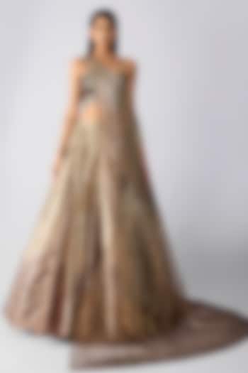 Chocolate Brown Tulle & Poly Crepe Micro Pleated Skirt Set by Amit Aggarwal at Pernia's Pop Up Shop