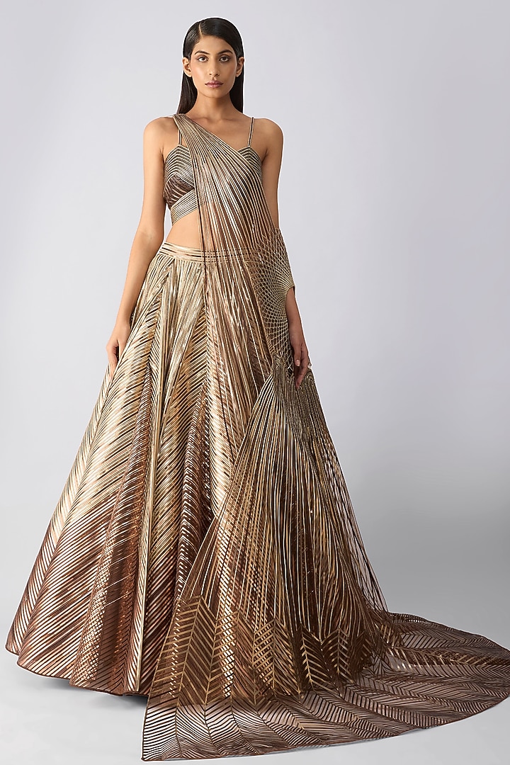 Chocolate Brown Tulle & Poly Crepe Micro Pleated Skirt Set by Amit Aggarwal at Pernia's Pop Up Shop