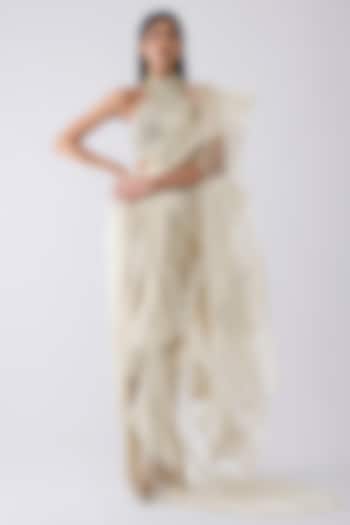 Sand-Colored Tulle Ruffled Skirt Bridal Saree Set by Amit Aggarwal at Pernia's Pop Up Shop