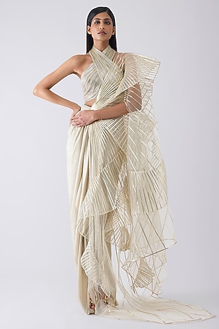 Sand-Colored Tulle Ruffled Skirt Saree Set by Amit Aggarwal