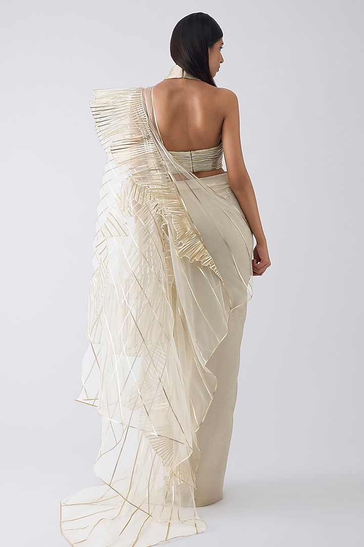 Sand-Colored Tulle Ruffled Skirt Bridal Saree Set by Amit Aggarwal at Pernia's Pop Up Shop