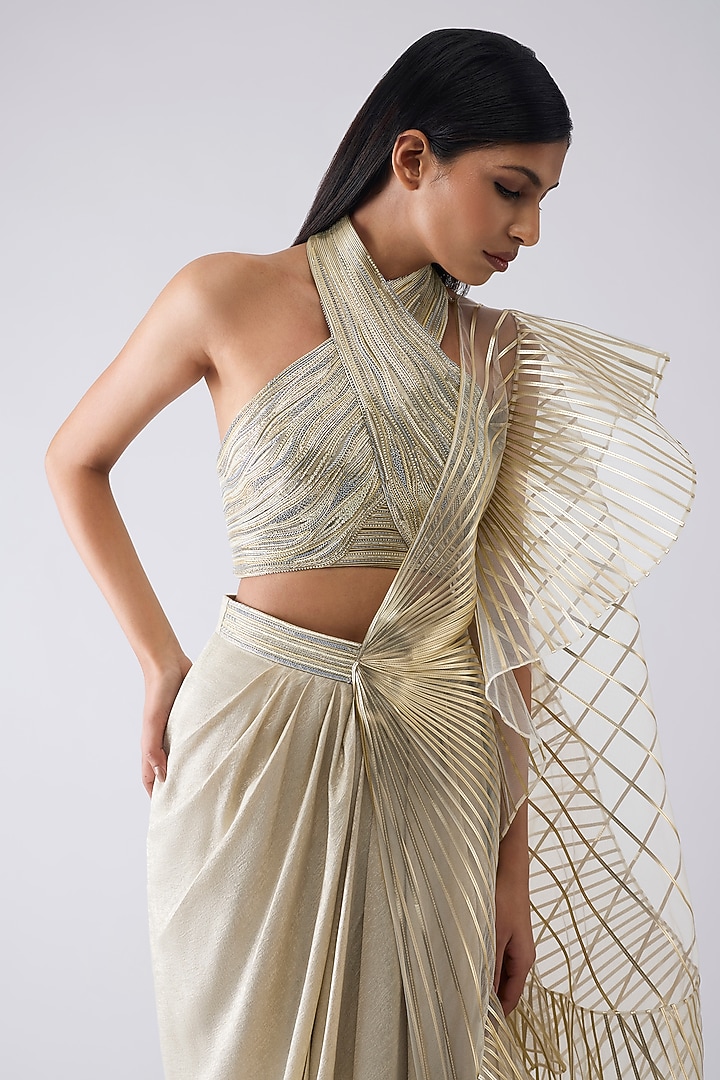 Sand-Colored Tulle Ruffled Skirt Bridal Saree Set by Amit Aggarwal at Pernia's Pop Up Shop
