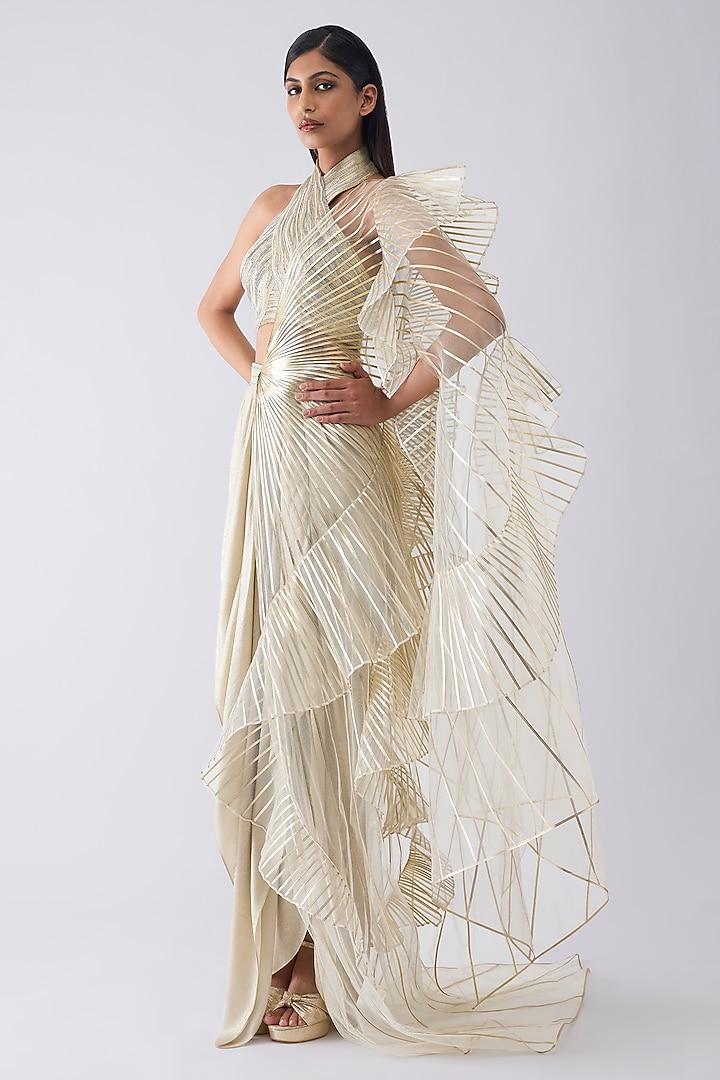 Sand-Colored Tulle Ruffled Skirt Bridal Saree Set by Amit Aggarwal at Pernia's Pop Up Shop