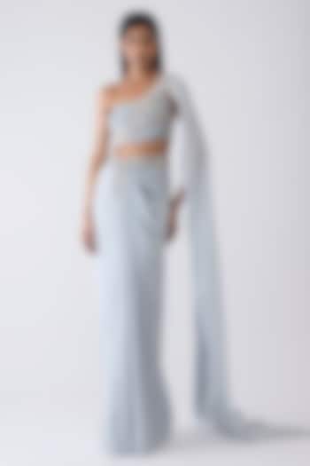 Ice Blue Chiffon Draped Skirt Set by Amit Aggarwal at Pernia's Pop Up Shop