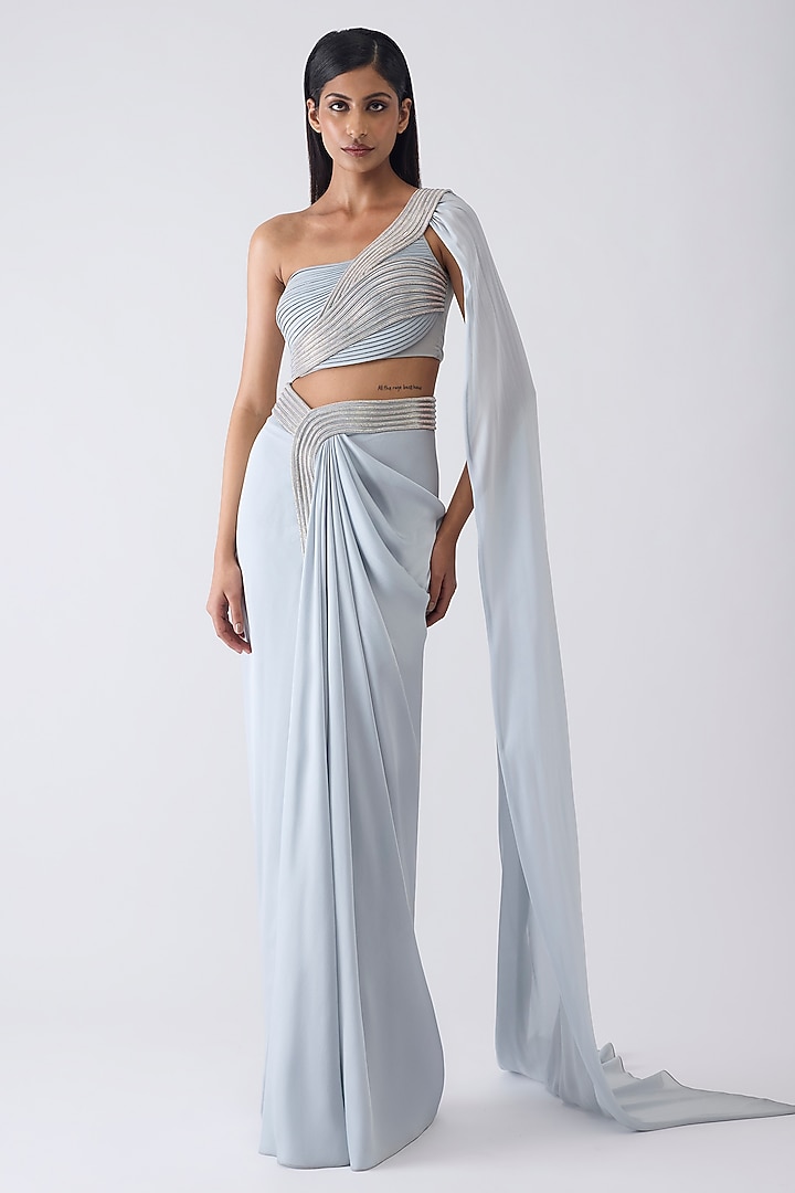 Ice Blue Chiffon Draped Skirt Set by Amit Aggarwal at Pernia's Pop Up Shop