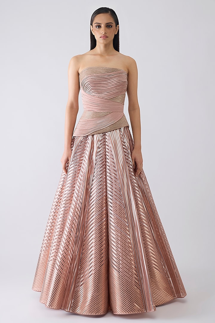 Rose Pink Tulle & Crepe Metallic Flared Skirt Set by Amit Aggarwal at Pernia's Pop Up Shop