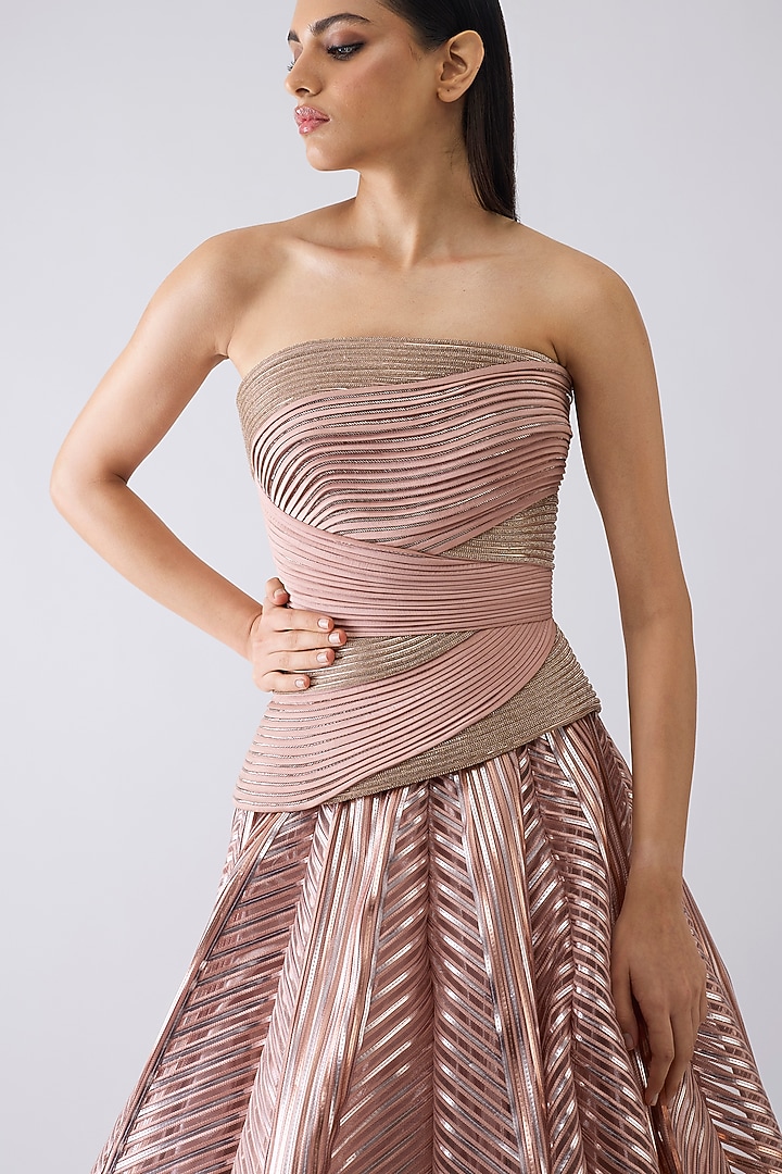 Rose Pink Tulle & Crepe Metallic Flared Skirt Set by Amit Aggarwal at Pernia's Pop Up Shop