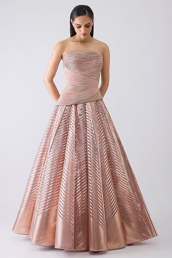 Rose Pink Tulle & Crepe Metallic Flared Skirt Set by Amit Aggarwal at Pernia's Pop Up Shop