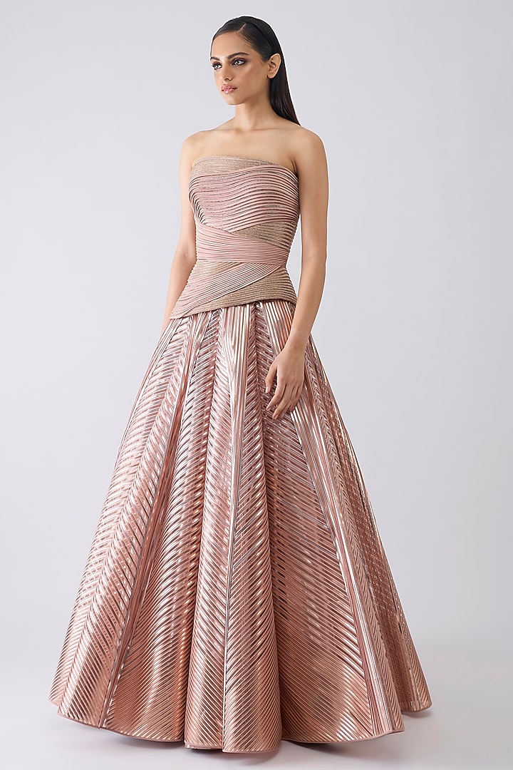 Rose Pink Tulle & Crepe Metallic Flared Skirt Set by Amit Aggarwal at Pernia's Pop Up Shop
